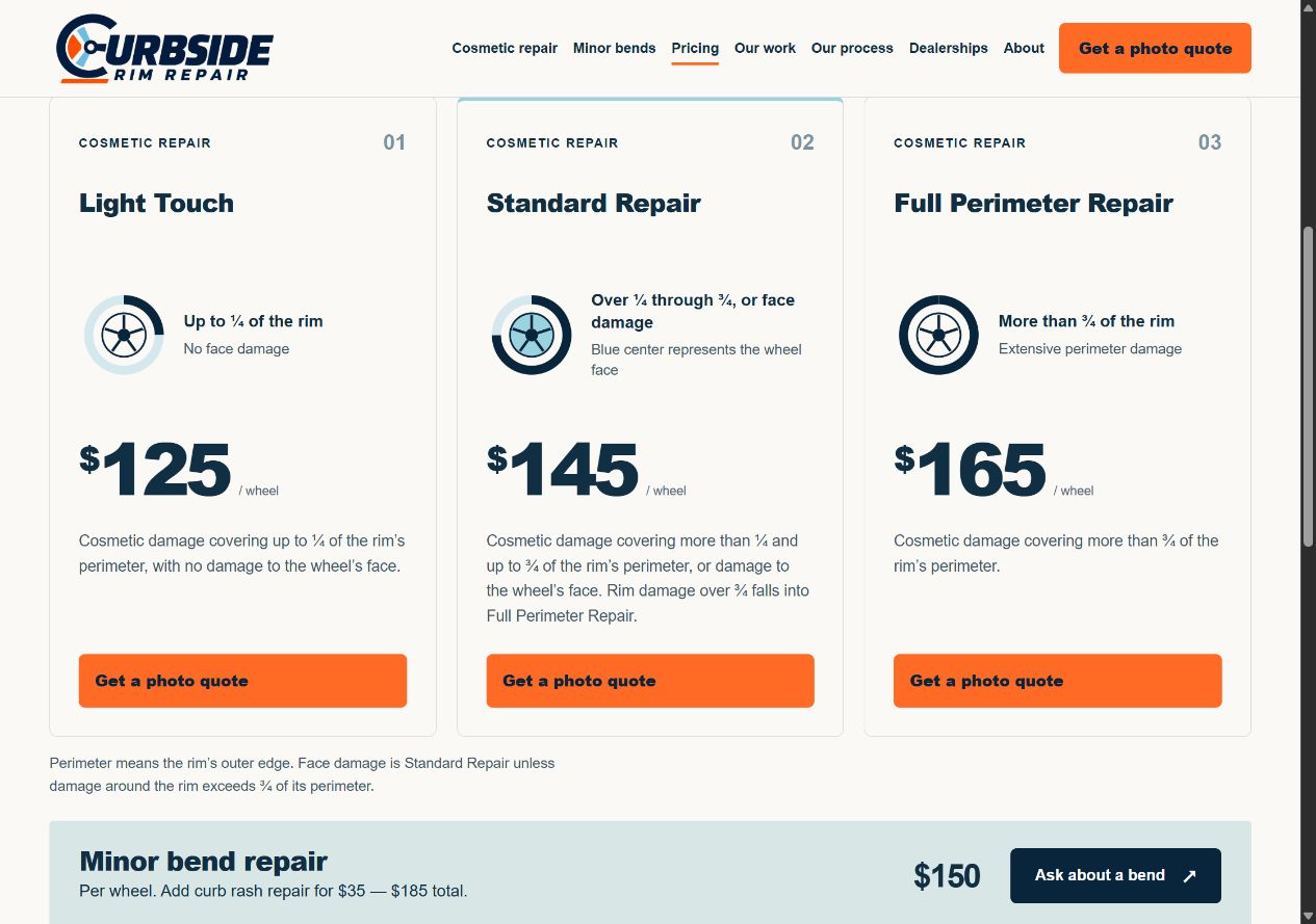 Curbside Rim Repair pricing page with clearly presented repair options
